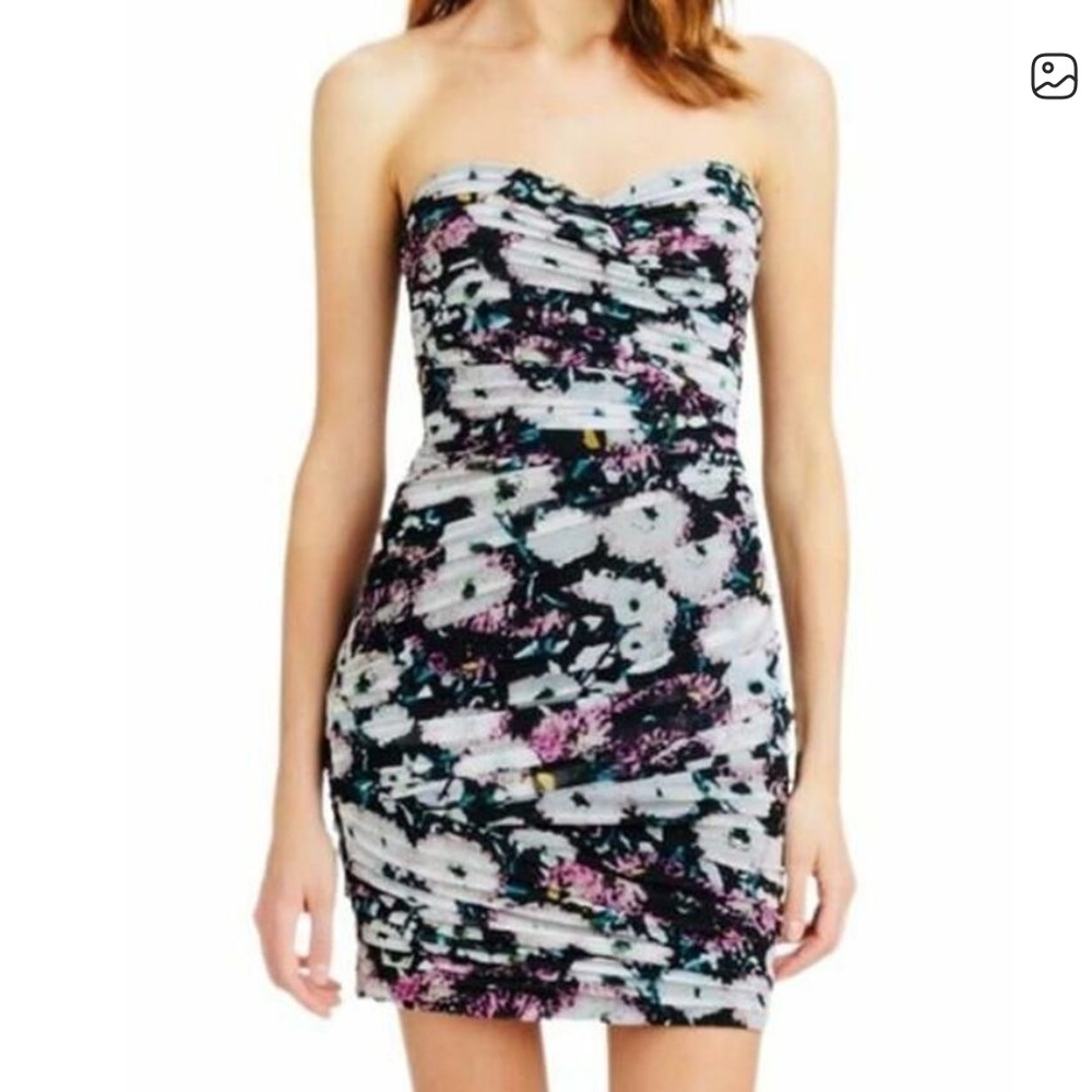 BCBGMaxAzria Strapless Floral Mini Winnie Dress - Black, White, Pink